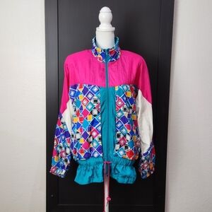 Vintage Sunterra Teal Multi Color Windbreaker W/Drawstring Petite Large